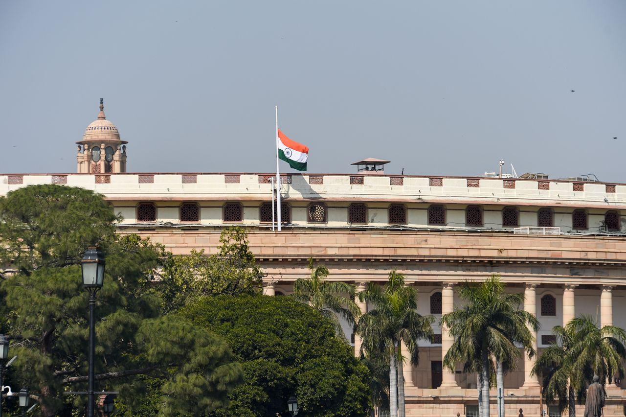 The Tricolour flies half-mast at Parliament to mourn the demise of legendary singer Lata Mangeshkar, in New Delhi, Sunday. Pic/PTI